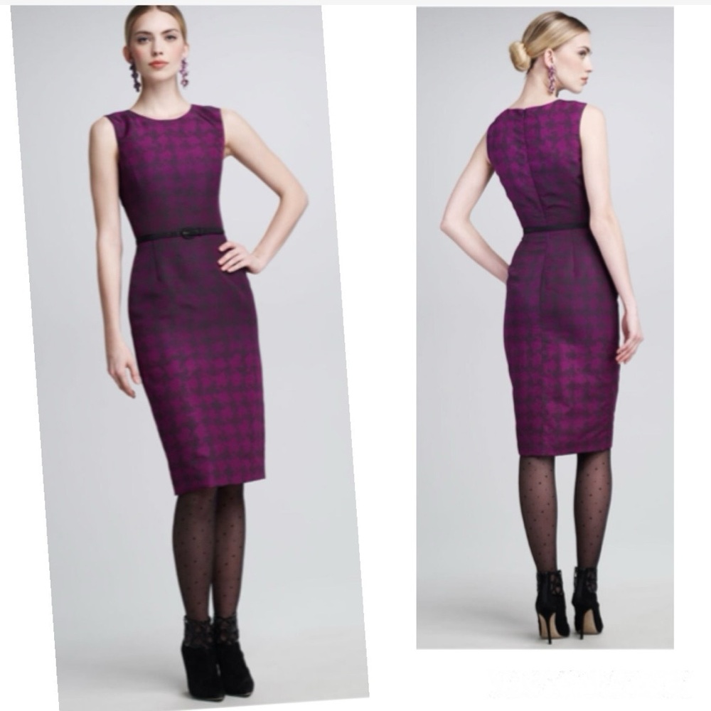 Oscar De La Renta Dress Houndstooth Check Ombré Silk Purple Sheath Pencil Luxury